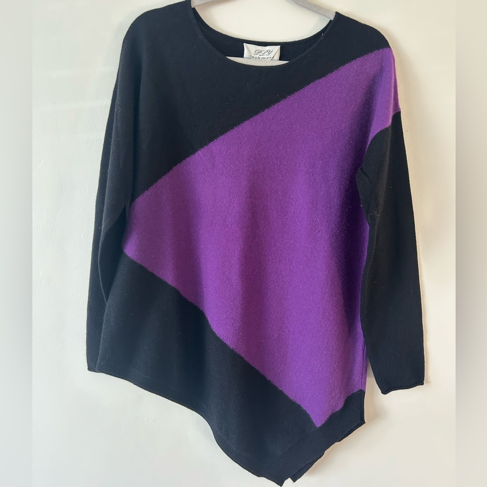 ply cashmere Black & Purple Diagonal Colorblock Crewneck Sweater
